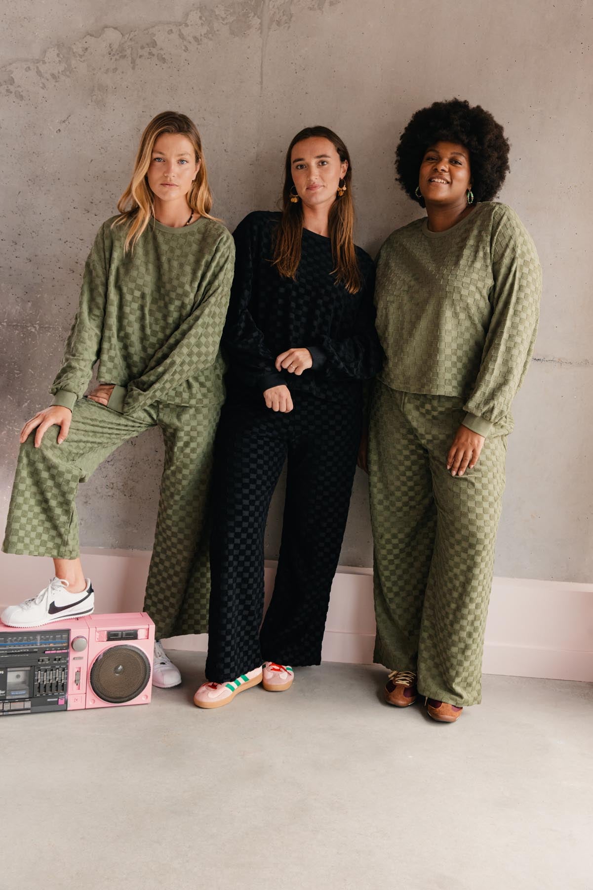 Sweat damier éponge coton bio / Noir ou Olive