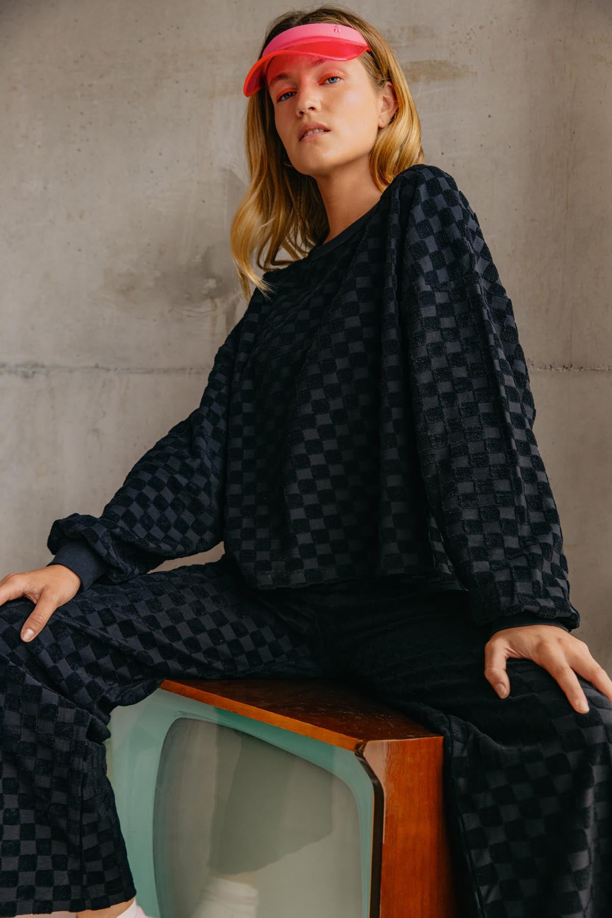 Sweat damier éponge coton bio / Noir ou Olive